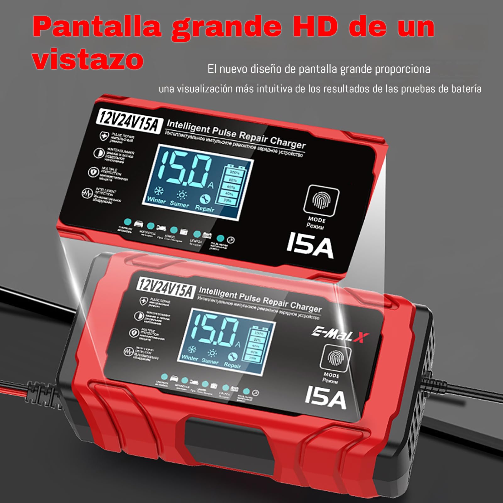 24V 15A Cargador Baterias Coche, 12V 8A Cargador de Bateria y Moto Inteligente Batería de Coche con LCD Cargadors de batería para Auto Moto Camión AGM Gel SLA — view 4