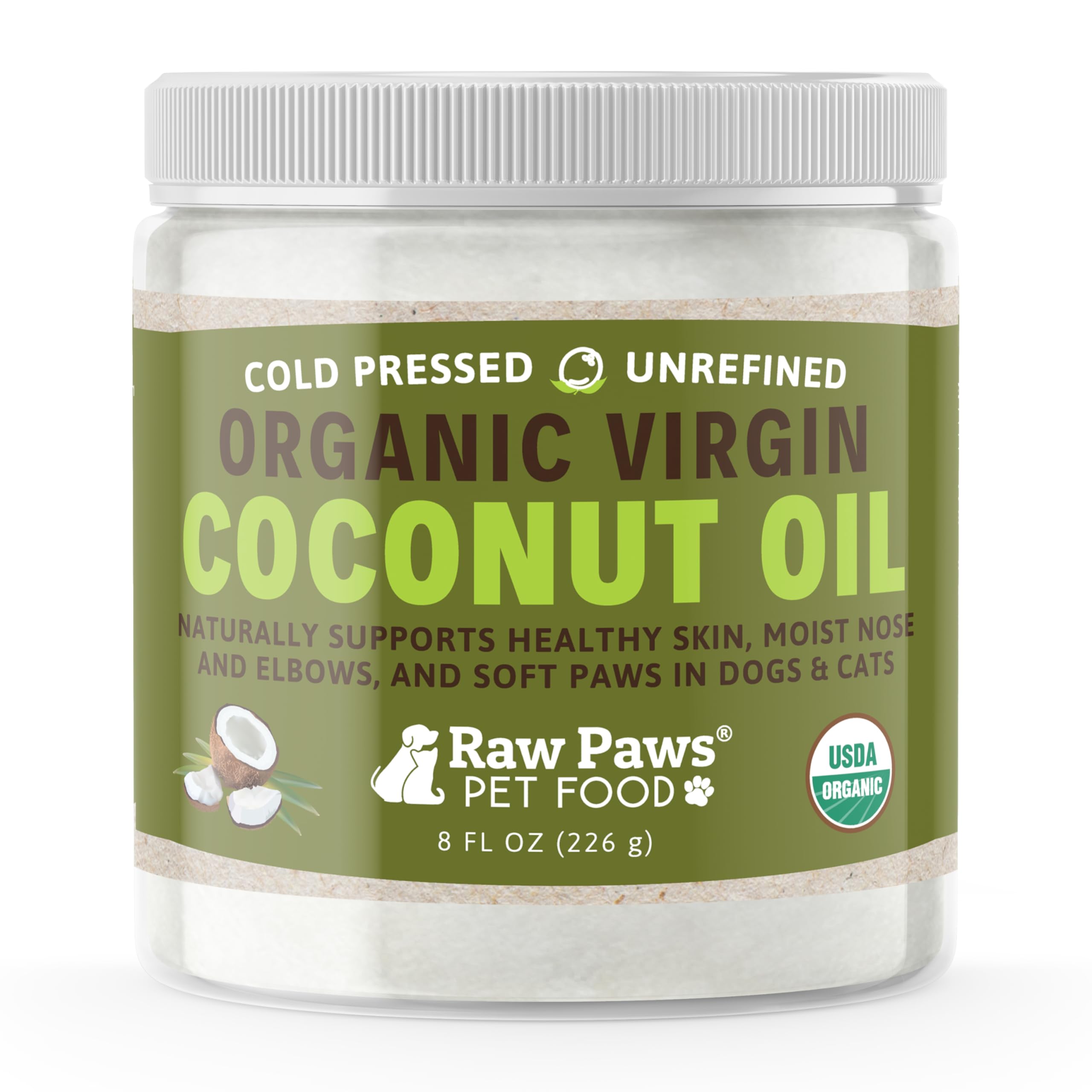 Raw Paws Virgin Organic Coconut Oil for Dogs & Cats, 8-oz - Treatment for Itchy Skin, Dry Nose, Paws - Hot Spot Lotion for Dogs - Natural Hairball Remedy for Cats
