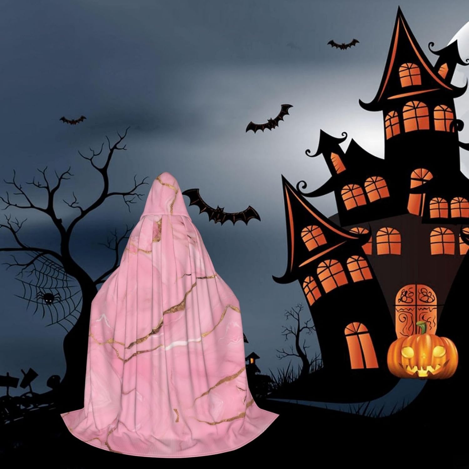Pink Marble Texture print Wizard Hooded Robe Medieval Cape Renaissance Cloak for Men Women Halloween Costume