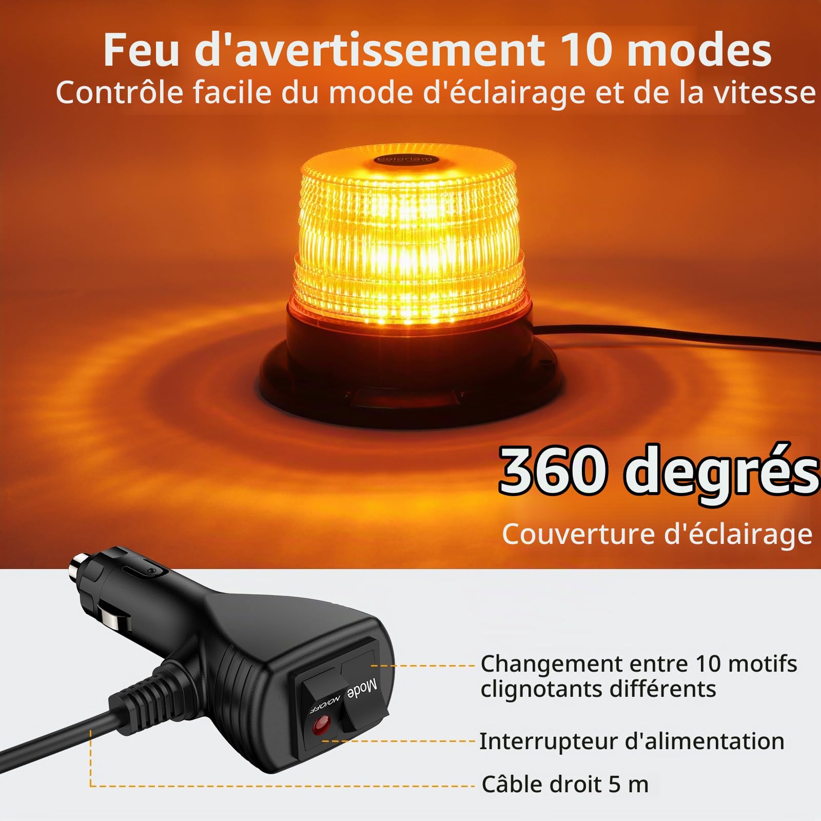 Gyrophare Clignotant Ambre 40W IP65 étanche et Magnétique, 40 LED 10 Modes de Clignotement, Homologation E-Mark pour camions, voitures et véhicules d'urgence 12V/24V