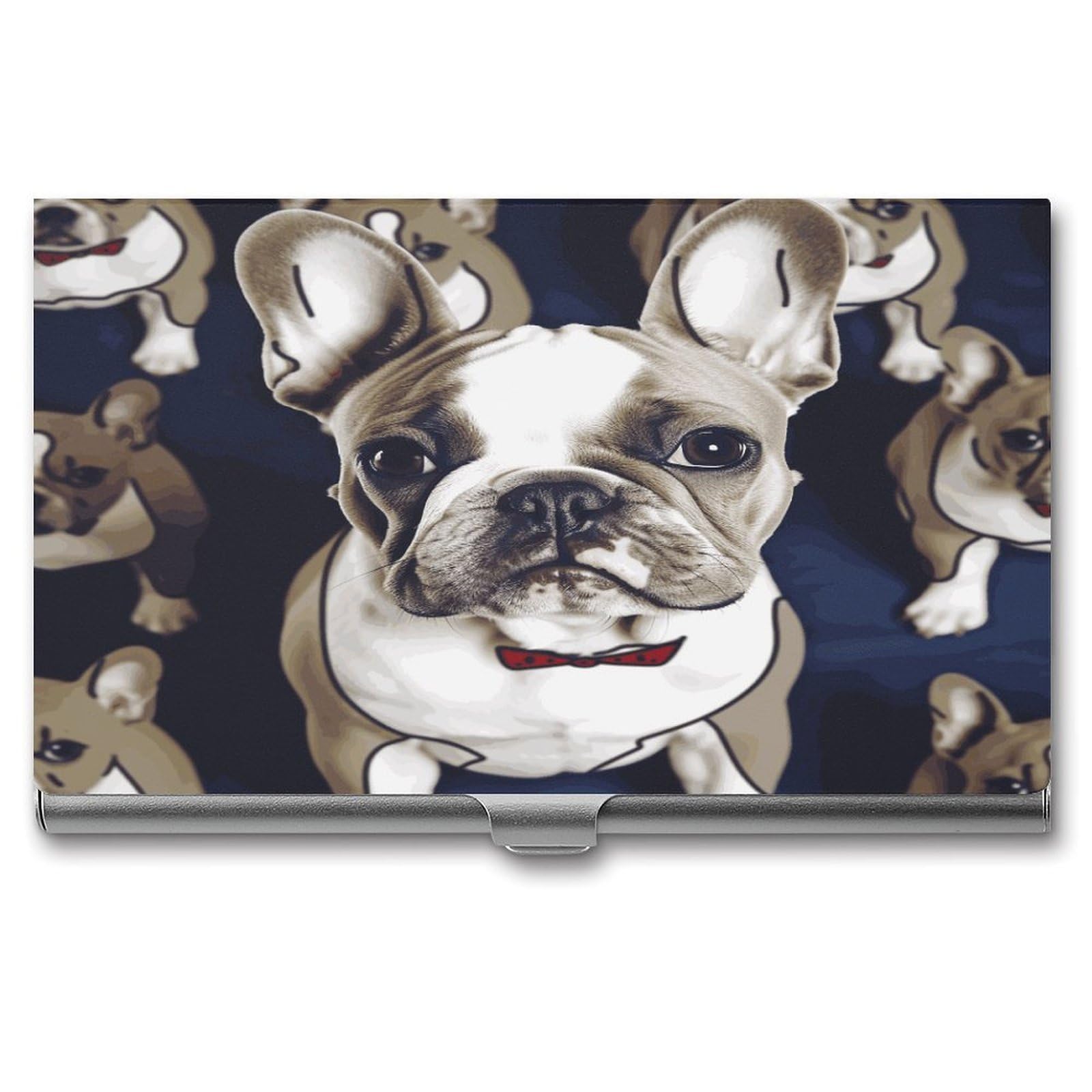 LZQPOEAS Cute French Bulldog Business Card Holder Aluminum Alloy Flip Cover Slim Name Cards Case Lightweight Business Name Card Holder Case Portable Purse Name Cards Holder