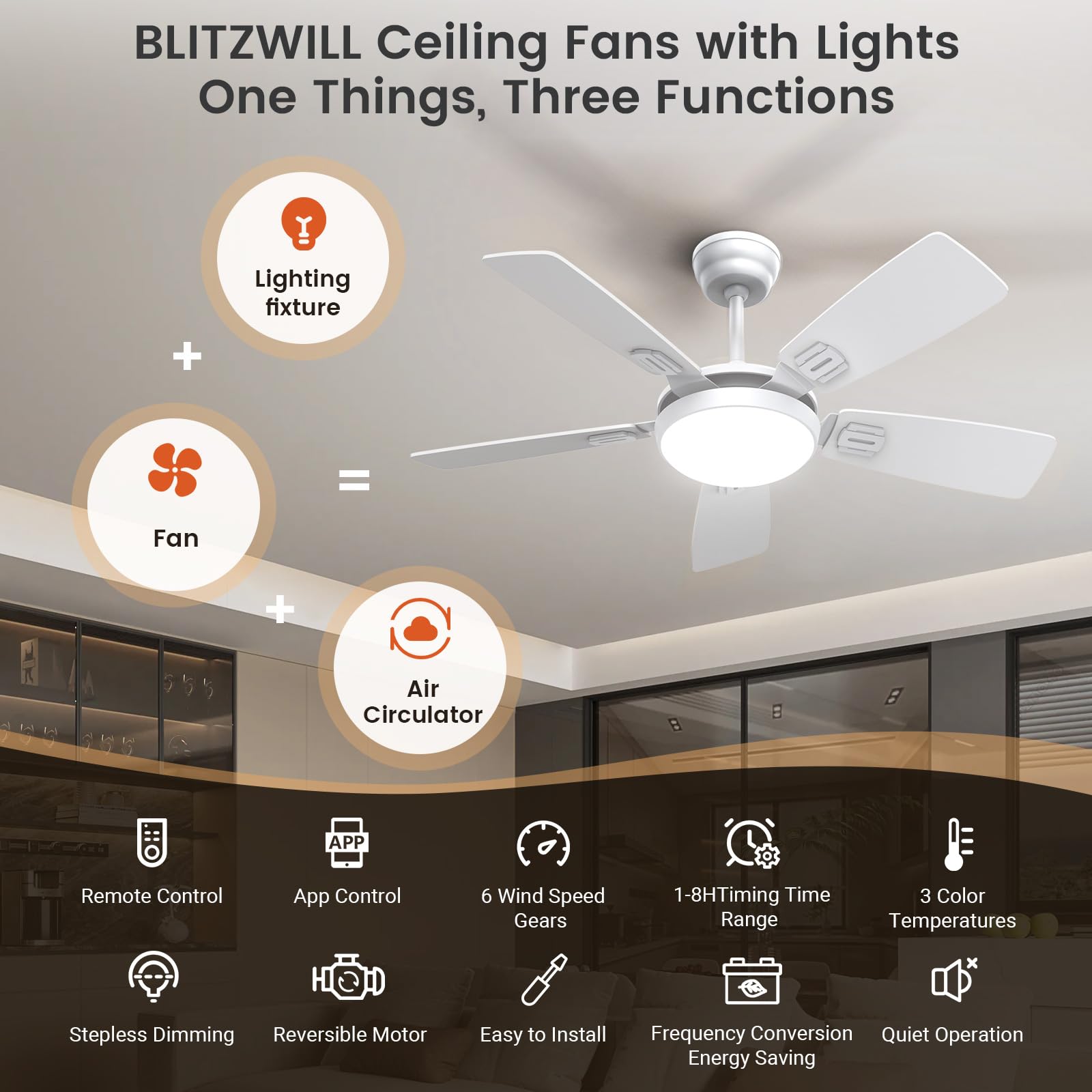 Deckenventilator mit Beleuchtung, Ø106cm App Steuerung & Fernbedienung Deckenventilatoren mit Licht LED, 6 Geschwindigkeiten, 3 Farben Dimmbar, Leise DC-Motor, Sommer-Winterbetrieb, Timer
