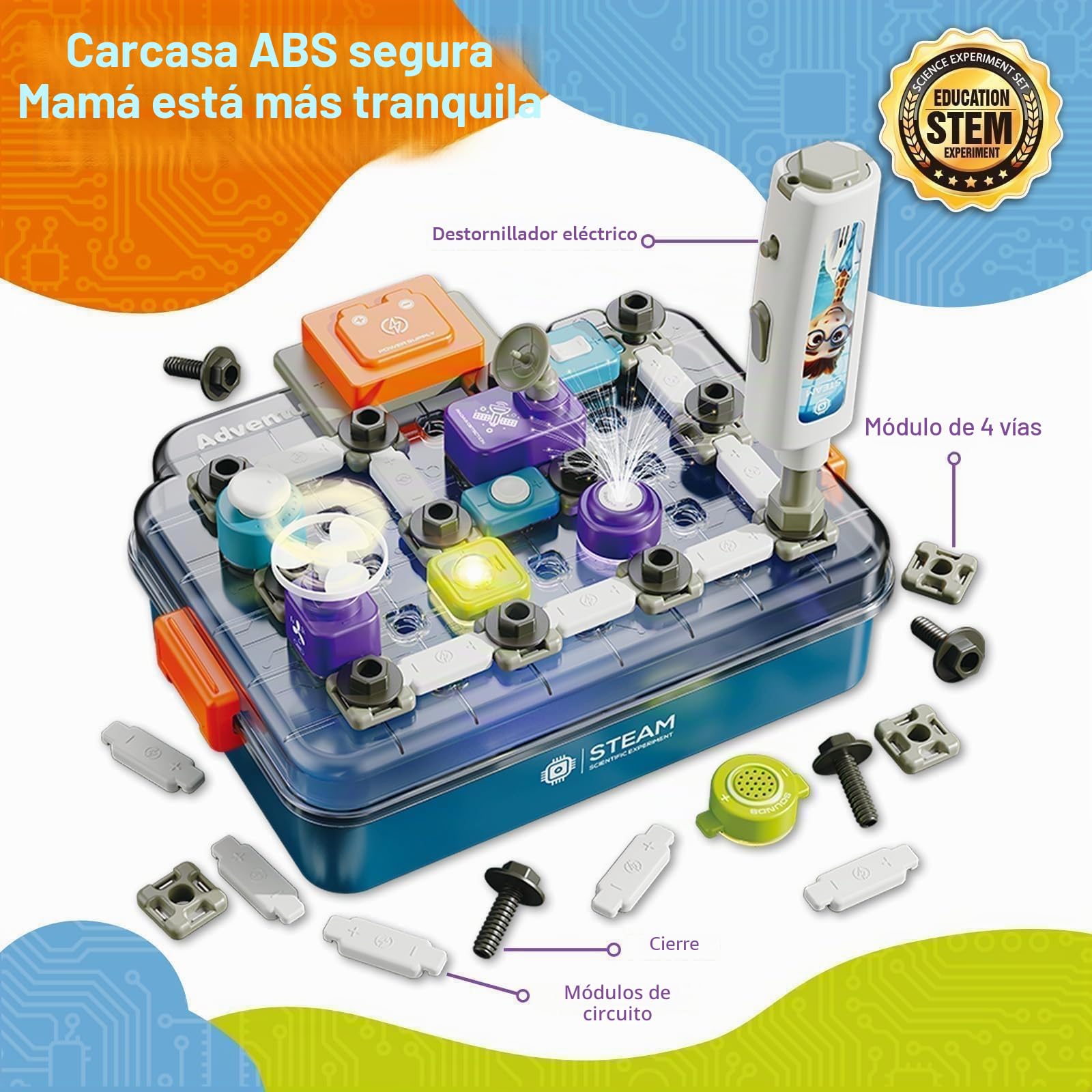 Kit Electrónico para Niños Desde 3 Años, Set Explorador con 58 Piezas + Taladro Eléctrico, Juguete Educativo Stem con Estación de Trabajo de ABS - Regalo Ideal para Jardín Infantil y Hogar