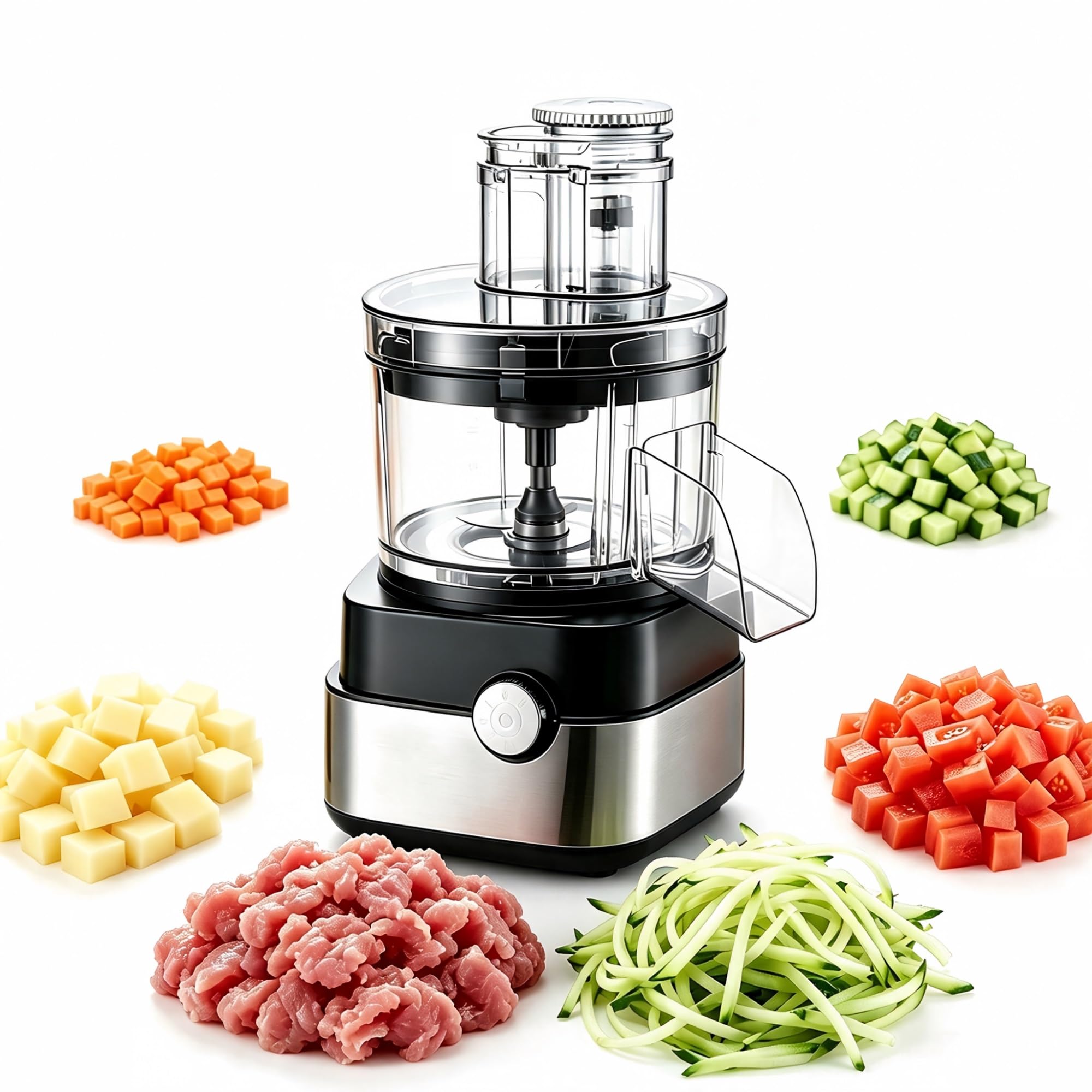Procesador de alimentos de 600 W, picador de alimentos Plus | For preparación de frutas, verduras y carne, molinillo de verduras casero con 5 cuchillas de rejilla y 4 discos de corte