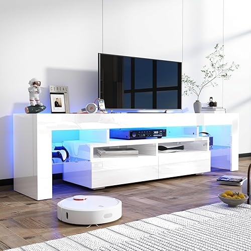 Miniatura 3 de St.Mandyu Soporte de TV LED para TV de 657585 pulgadas, centro de entretenimiento moderno de alto brillo con cajón y luces LED, consola multimedia