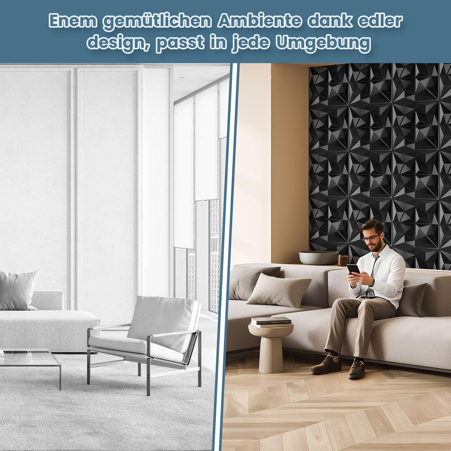 Panele ścienne 3D z diamentami, 36 sztuk, 30 x 30 cm (3,24 m²), do pokoju gamingowego, z taśmą klejącą, bardzo sztywne panele ścienne z PCW, wodoodporne, matowe czarne