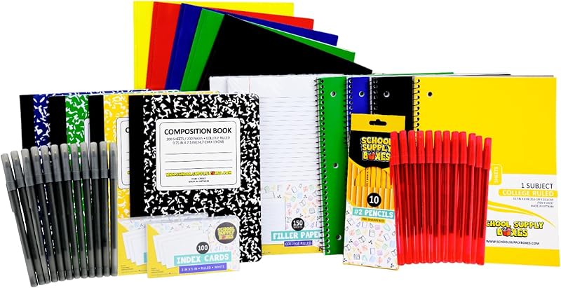 High School Writing Bundle | 1 Box - 51 Pieces per Box | School Supply Boxes - Back to School Essentials | Includes Composition Books, Loose Leaf Paper, Index Cards, 12 ct. Pens & More