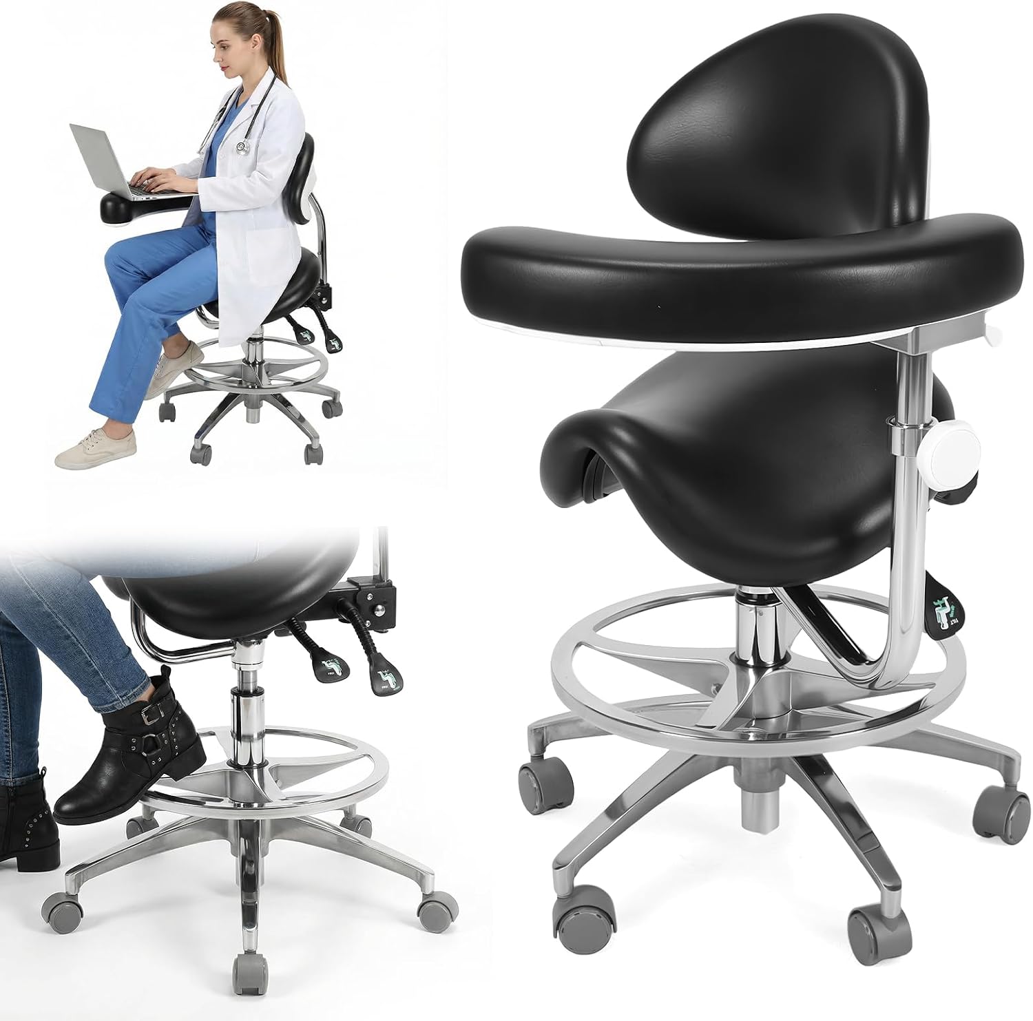 Saddle Rolling Stool with Armrest & Wheels Comfortable Dental Mobile Saddle Chair with Back Support for Dentist Salon Tattoo