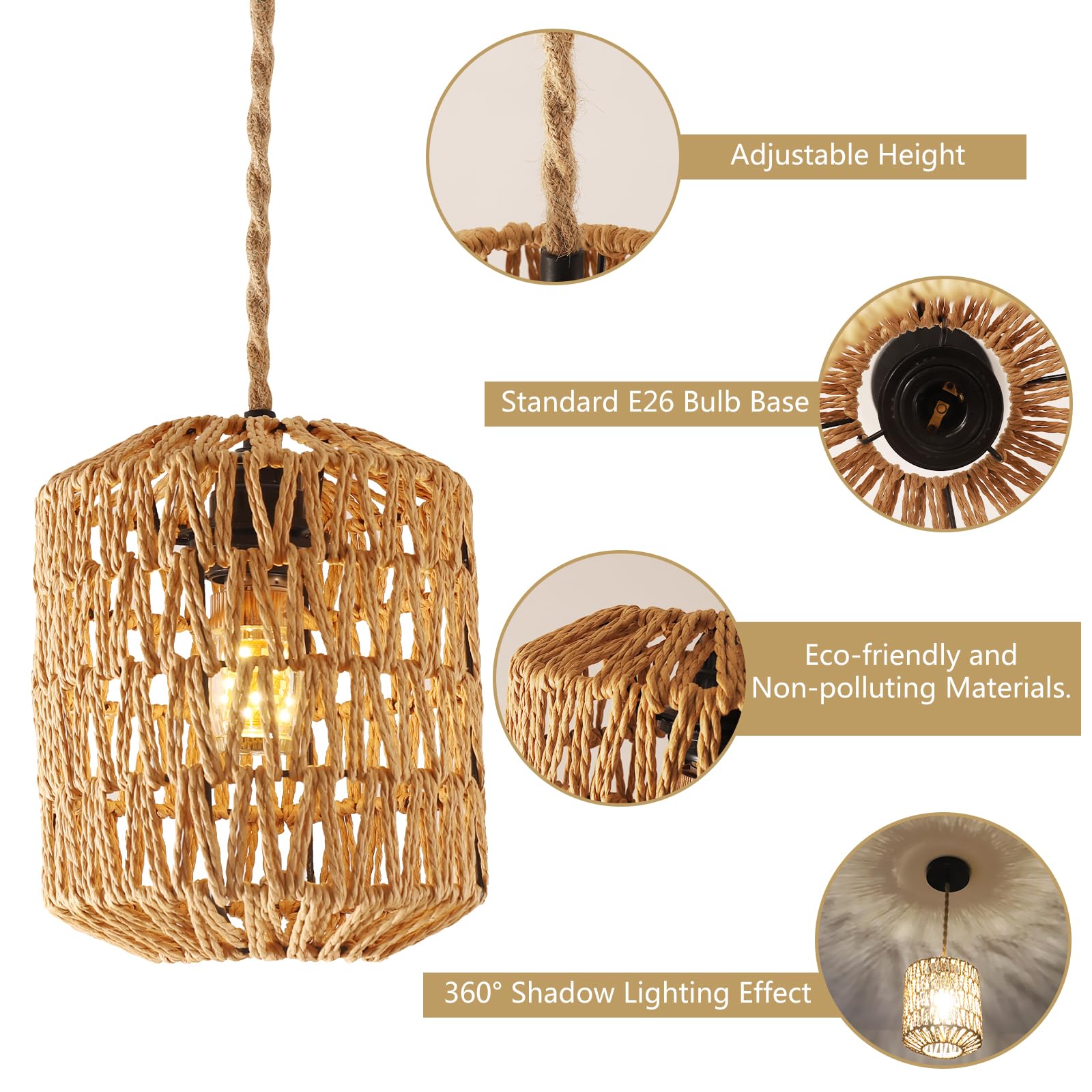 AUA Rattan Pendant Light - 5ft Hanging Lamp with Cord, Boho Wicker Rattan Chandelier, Hanging Light on Cord for Bedroom Living Room Dining Room Kitchen Island Hallway