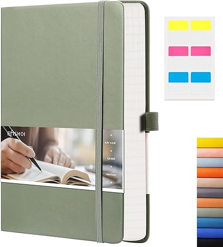 EMSHOI Cuaderno de papel cuadriculado, 256 páginas A5, tapa dura, papel grueso de 4.23 ozm, piel sintética lisa, bolsillo interior, 5.75 x 8.38