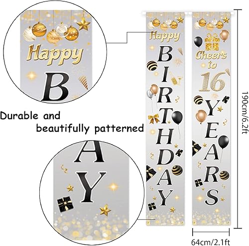 Miniatura 2 de 5665 Cartel de feliz cumpleaños 16 para porche, decoración de puerta gris con texto en inglés "Cheers to 16 años" para fiestas temáticas para niños