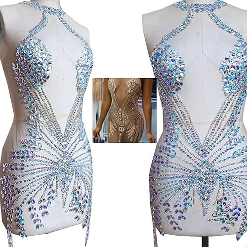 Miniatura 2 de Nuevos parches de cuerpo completo hechos a mano apliques de diamantes de imitación en red nude Clear AB Color Crystal Stone Beads para vestido (AB)