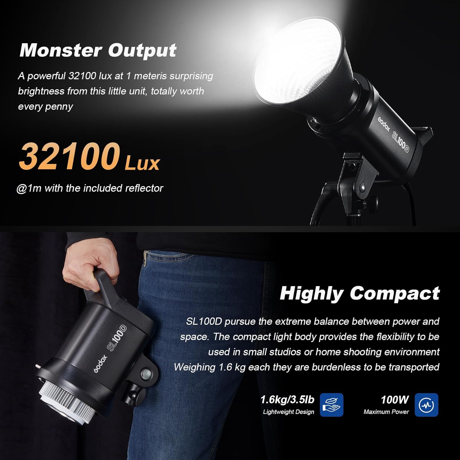 Godox 2PACK SL100D COB LED Continuous Video Light Kits Professional with 1*Carry Bag 2*Light Stand 2* Softbox 1 * 5 in 1 Reflector 1* Carry Bag Studio Lighting for Photography Studio Shooting