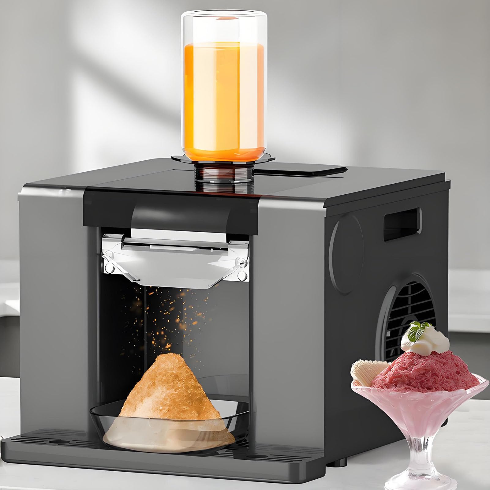 SHENGSHIYU Commercial Snowflake Ice Machine,Make Fluffy Snow Ice Directly from Juice & Milk,3 Portions Preset Dispensing,Intelligent Speed Control,Adjustable Ice Thickness,750ml Feed Cup Grey