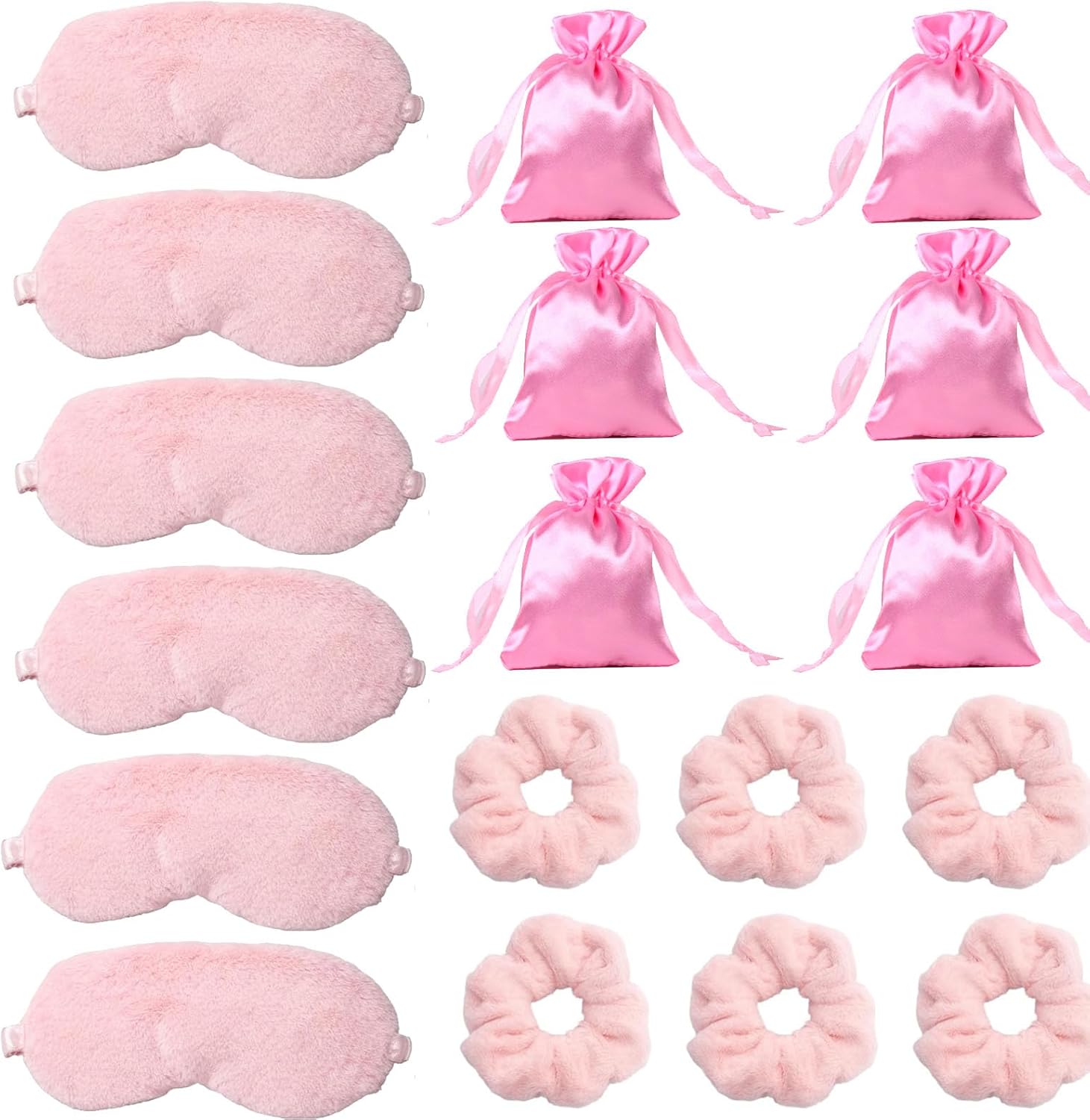 18 PCS Sleep Over Party Essentials for Girls, Complete Sleepover Party Supplies Set with Plush Eye Masks and Hair Accessories, Pink Themed Slumber Party Kit for Women, Includes Six Eye Masks Six Hair