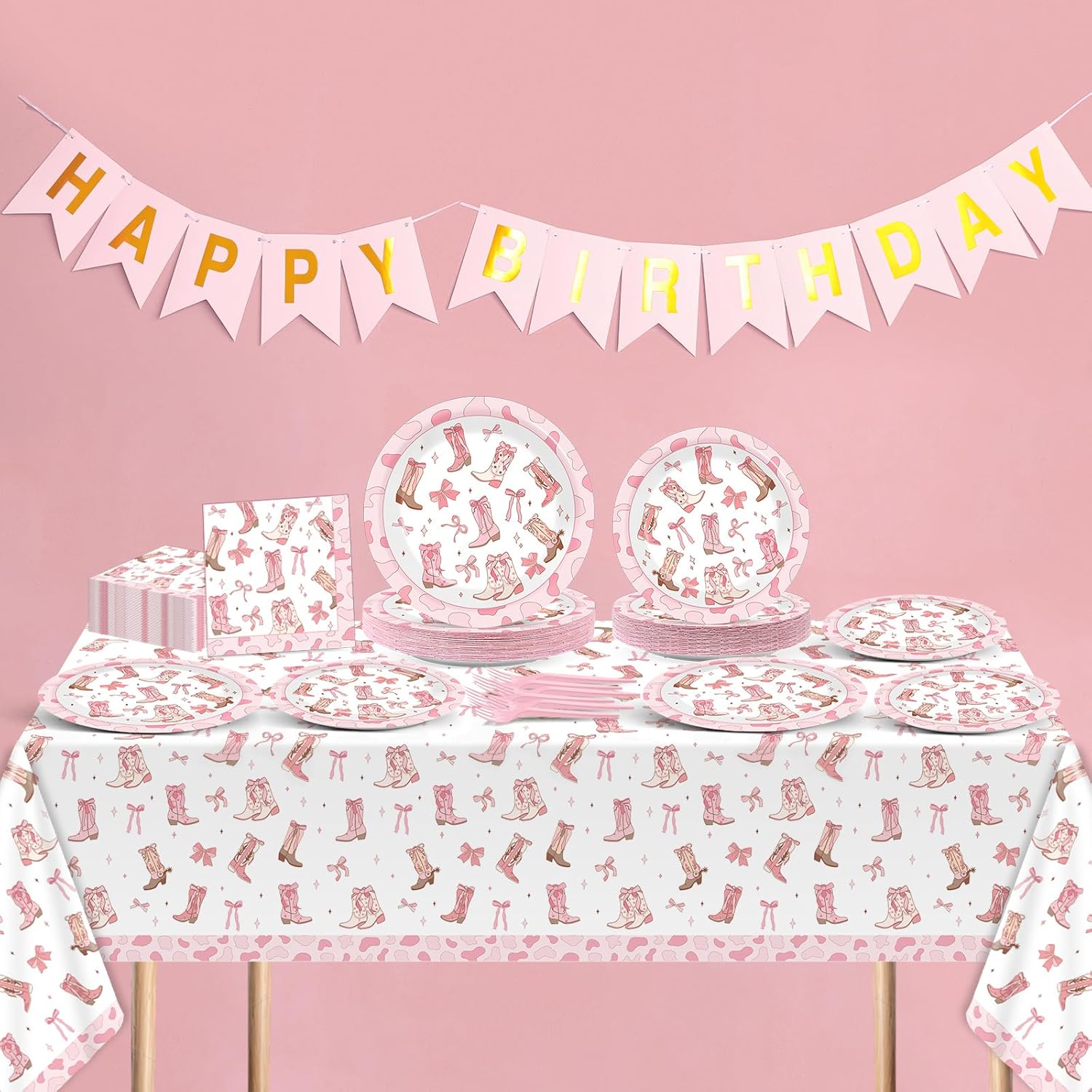 98pcs Western Cowgirl Party Supplies Coquette Bow Cowgirl Plates and Napkins Disposable Pink Bow Tablecloth Western Rodeo Tableware Set for Bachelorette Birthday Baby Shower Party Decor Serve 24 - Image 4