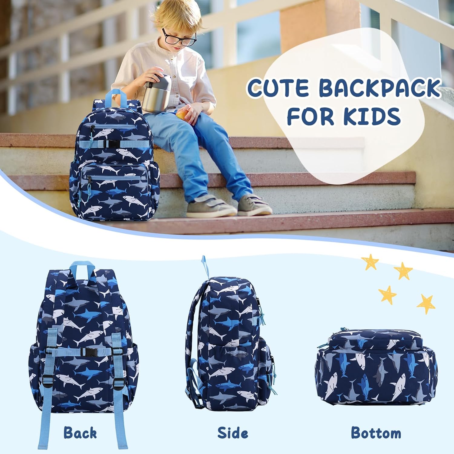 Kids Backpack for Boys Ages 5-10 | 16-Inch Shark Elementary School Bookbag | Water Resistant & Lightweight for Travel - Image 6