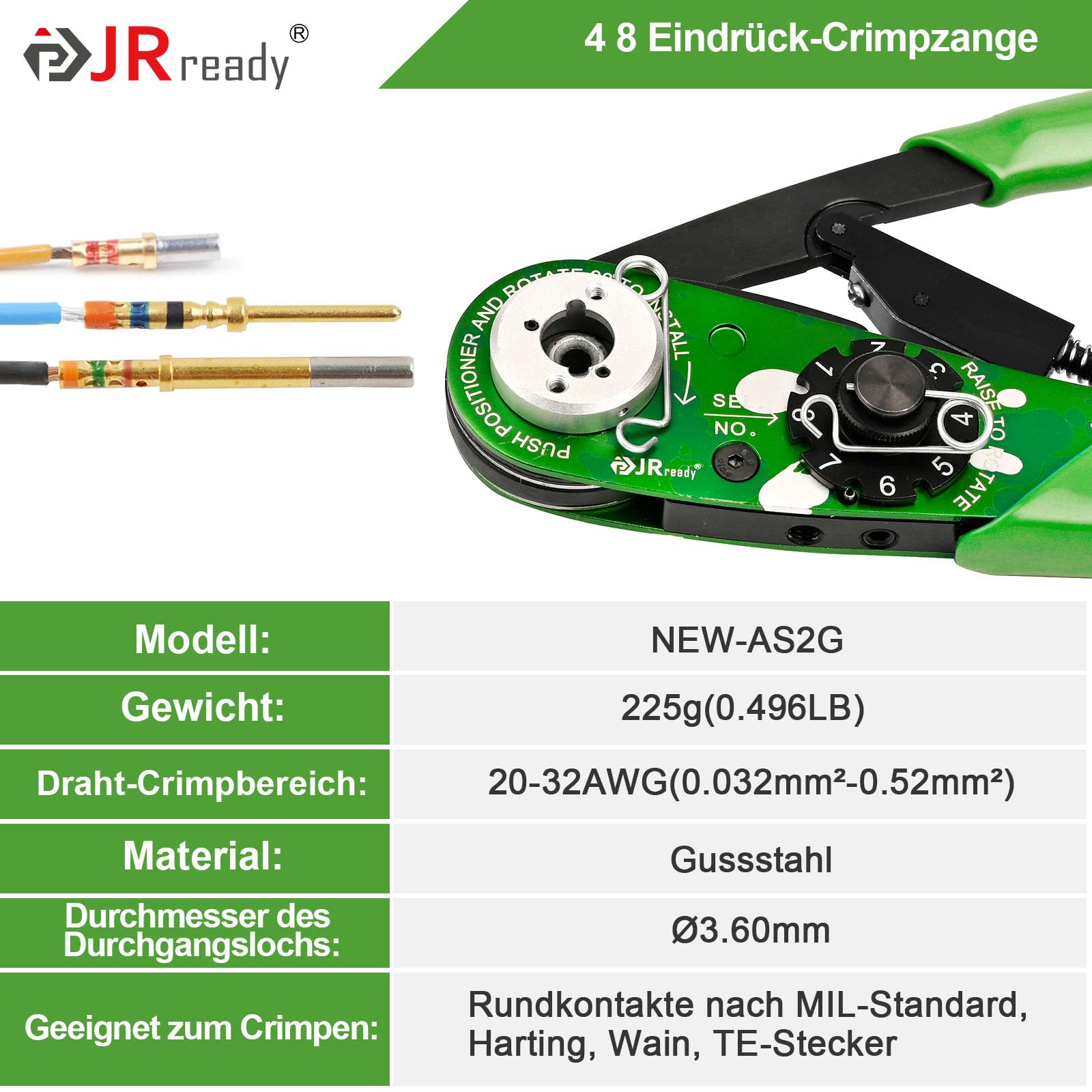 JRready ST2181 NEW-AS2G M22520/2-01 Eindrück-Crimper-Kit mit 8 Positionierern und G125 Messgerät für Massivkontakte von Miniatursteckern in elektronischen Systemen 20-32AWG