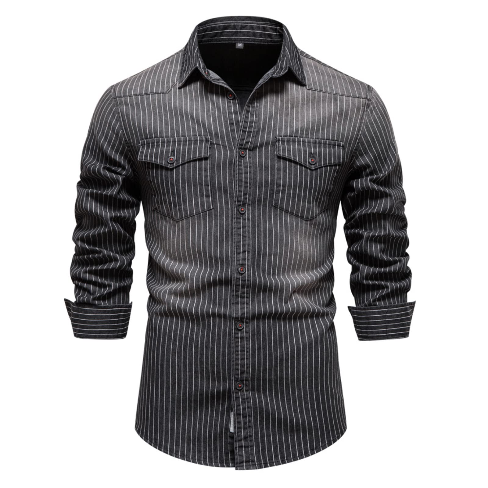WINDEHAO Men's Striped Denim Cotton Shirt,Long Sleeve Washed Cowboy Shirt,Casual Slim Fit Button Cardigan Jacket with Two Pockets (Black,L)