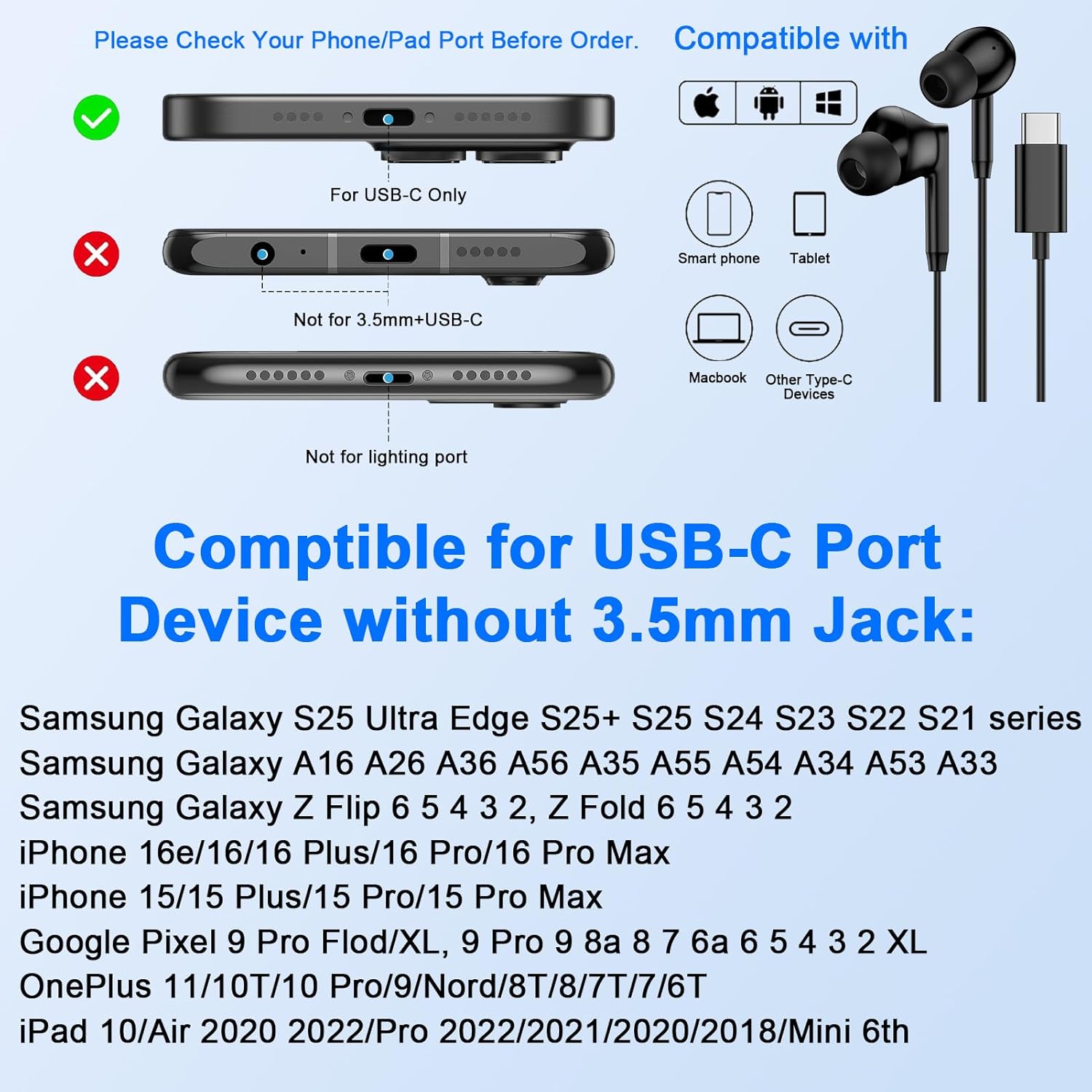 USB C Samsung Earbuds Wired Ear Buds for Samsung Galaxy A16 A17 A36 5G A26 S25 Edge A56 S26 Ultra Plus S24 FE A35 Z Fold 6 USBC In-Ear Headphones Wired Type C Earbud Earphones Headsets with Microphone