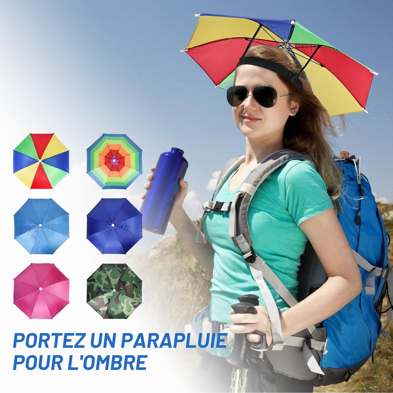 6 Pièces Chapeau Parapluie Pliant, Mains Libres Parapluie de Pêche avec Bandes Élastiques pour Le Golf Le Cyclisme L’Exterieur