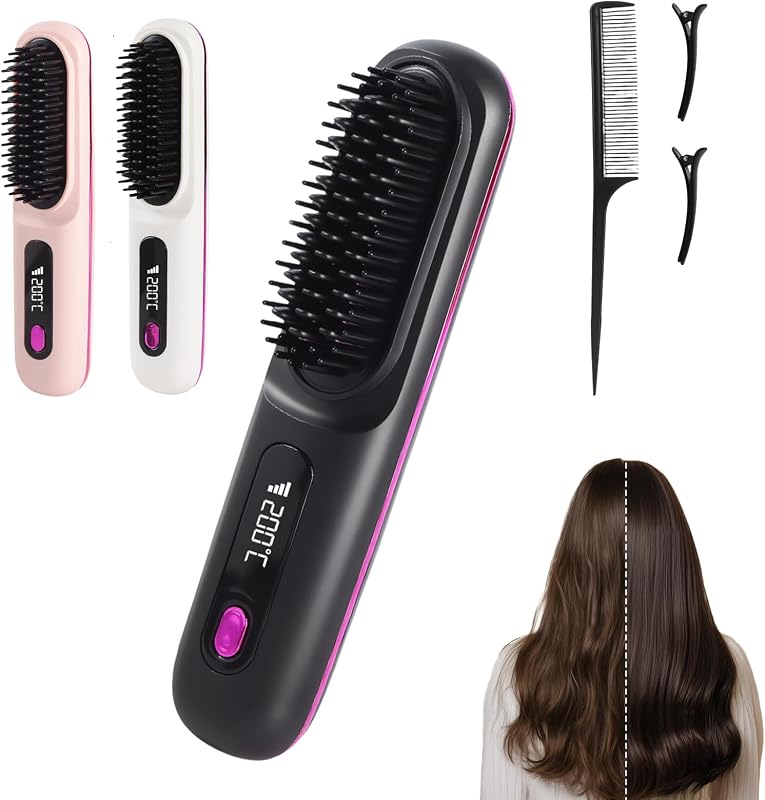 StylingbĂŒrste fĂŒr kurze Haare kabellos HaarglĂ€tter BĂŒrste, HaarglĂ€tterbĂŒrste, tragbare HaarbĂŒrste elektrisch fĂŒr unterwegs, wiederaufladbar, langanhaltendes & pflegendes Design fĂŒr alle Haartypen