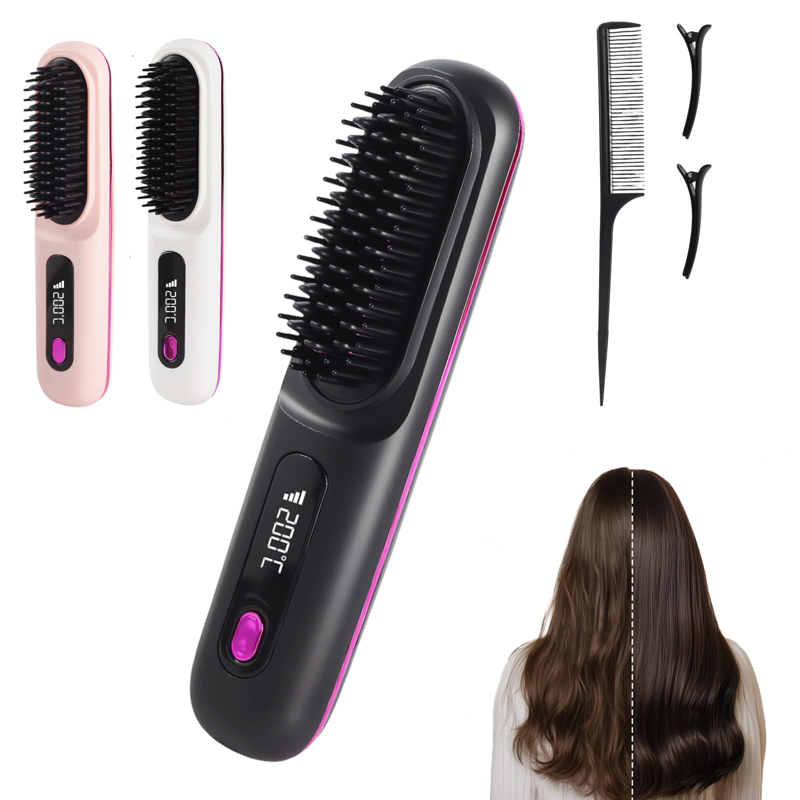 Stylingbürste für kurze Haare kabellos Haarglätter Bürste, Haarglätterbürste, tragbare Haarbürste elektrisch für unterwegs, wiederaufladbar, langanhaltendes & pflegendes Design für alle Haartypen