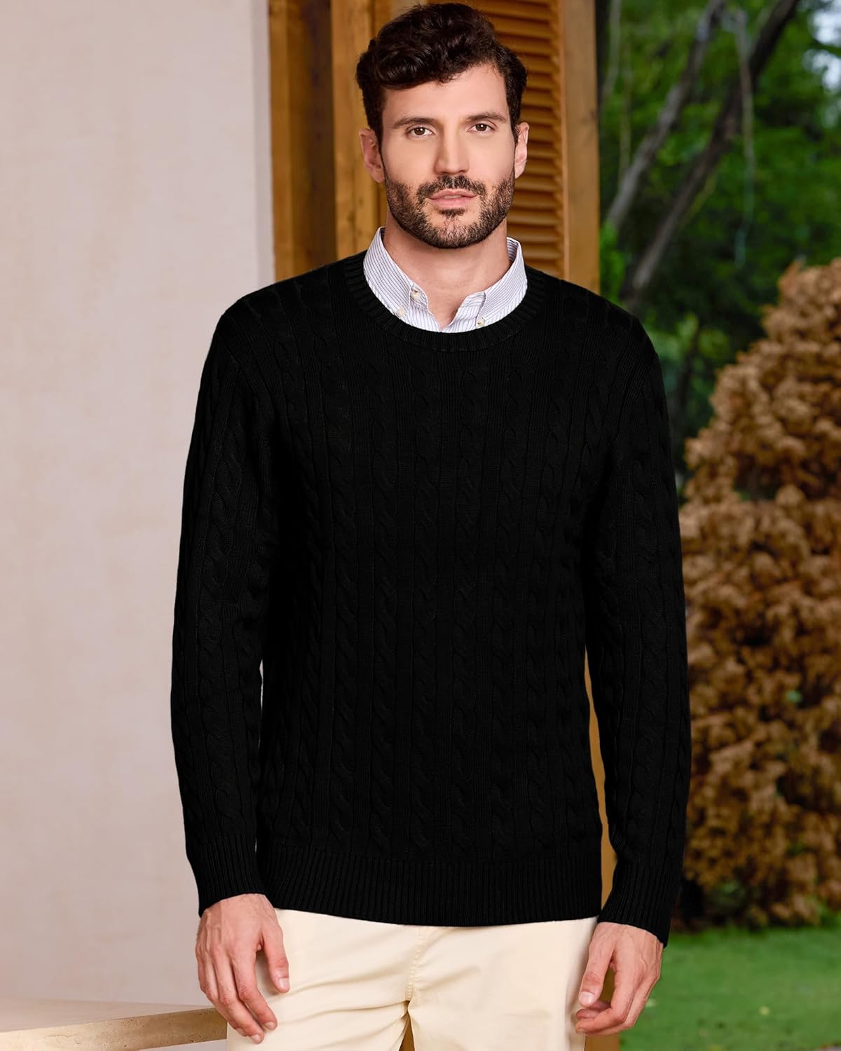 Kallspin Mens Crew Neck Sweater Wool Blend Cable Knit Pullover Top Long Sleeve Knitwear Casual Business Fall Winter Knitwear - Image 8