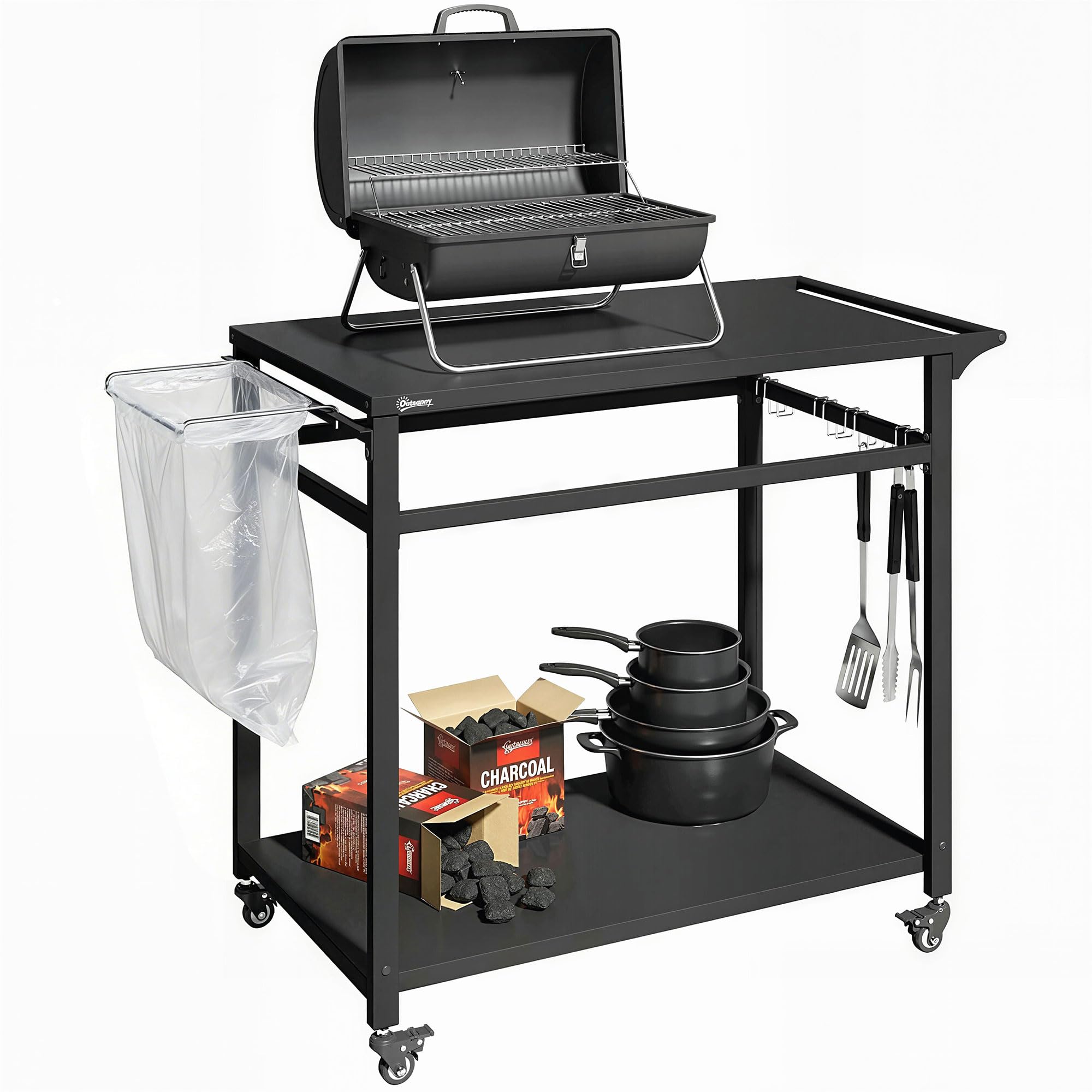 Outsunny Carrello Barbecue da Esterno con 2 Ripiani in Metallo, Tavolo Cucina da Esterno con Ruote, Maniglia, Portasacchi e Ganci, 113x50.5x88 cm, Nero