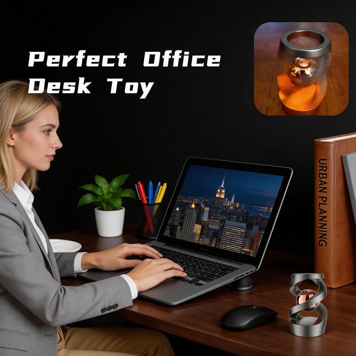 Metal Dynamic Desktop Fidget Toy, Rose Gold Perpetual Motion Inspired Desk Toy, Office Stress Relief Kinetic Spinning Toy for Adults & Teens