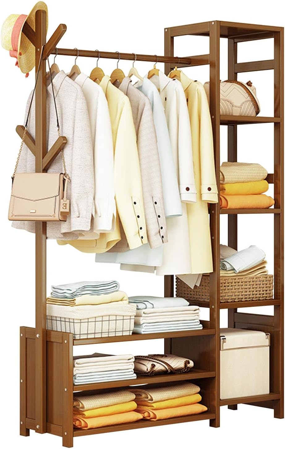 Bamboo Clothes Rack,Open Wardrobe Closet with 7 Tiers Storage Shelves,4 ...