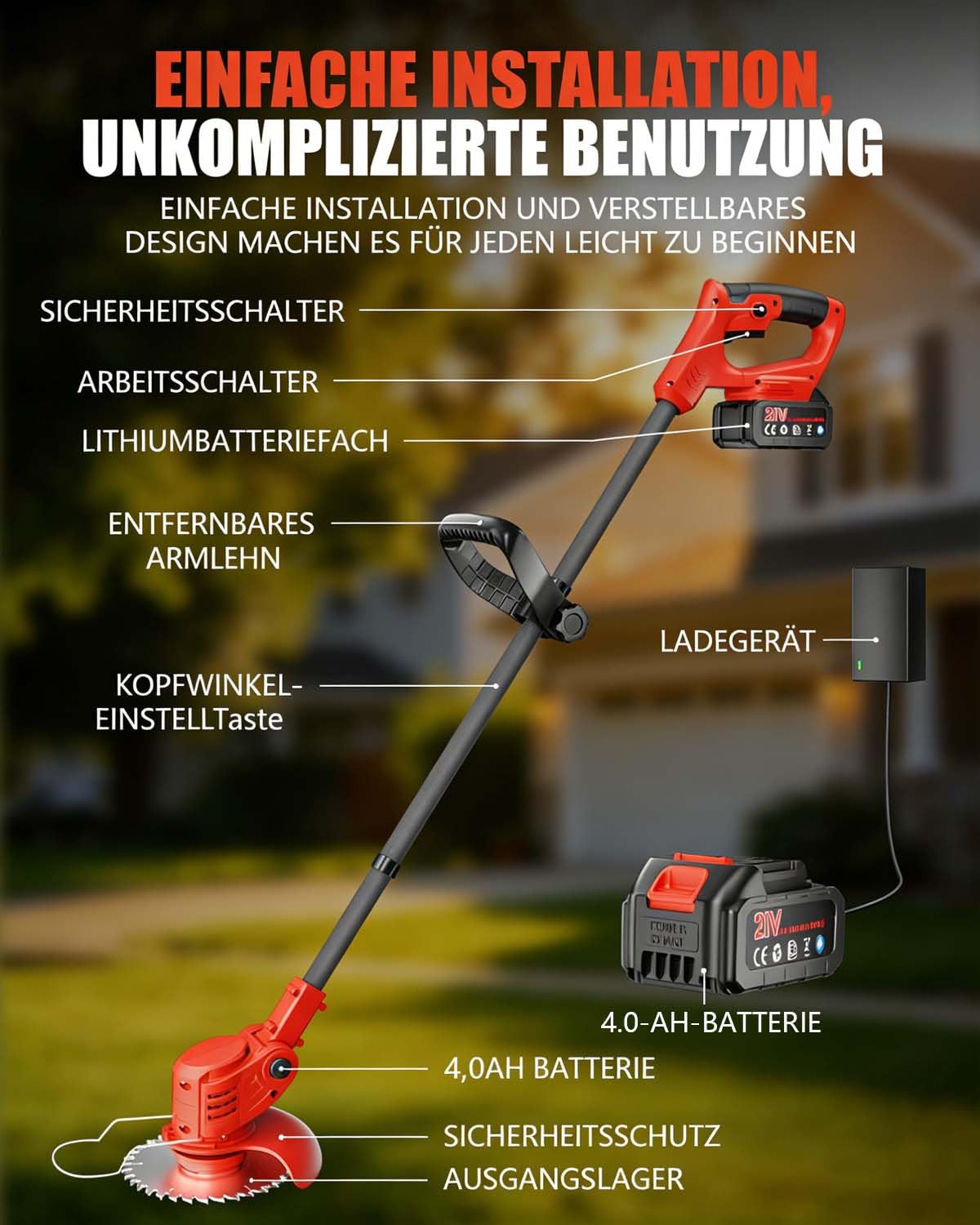 Rasentrimmer mit Akku, 850W Klappbarer Akku Freischneider mit 2X4.0AH Batterien, Akku Rasentrimmer & Rasenkantenschneider mit 4 Messertypen, Elektrischer Motorsense für Garden und Rasen