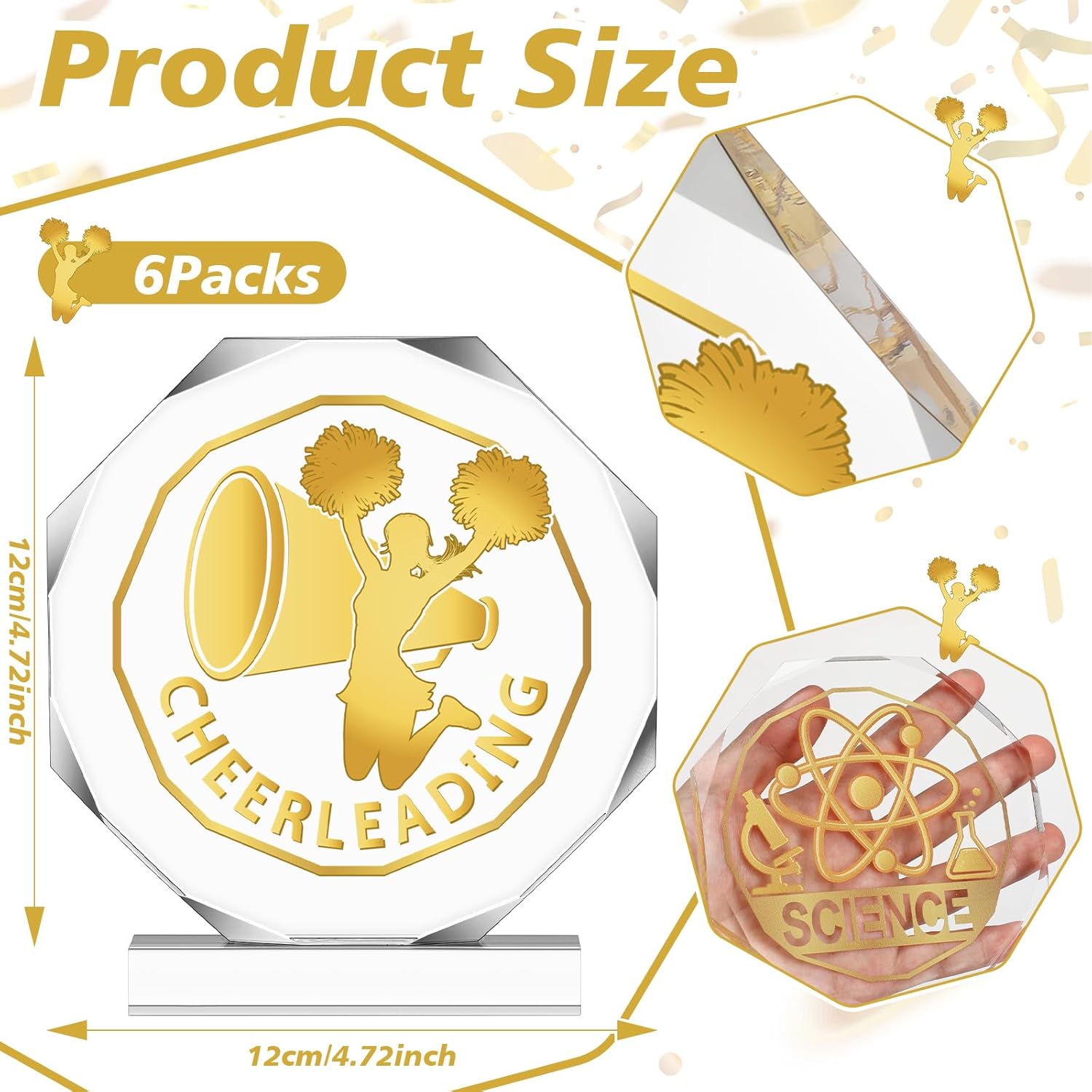 6 Pack Sports Trophy Acrylic Award Medals 4.72 x 4.72 Inch Sports Contest Trophies Bulk Plaques Team Prize Gift Trophies for Competition