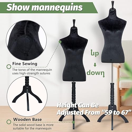 Miniatura 3 de Maniquí, forma de vestido, maniquí de costura femenina, torso con soporte ajustable de 59 a 67 pulgadas, cuerpo de maniquí ajustable para mostrador