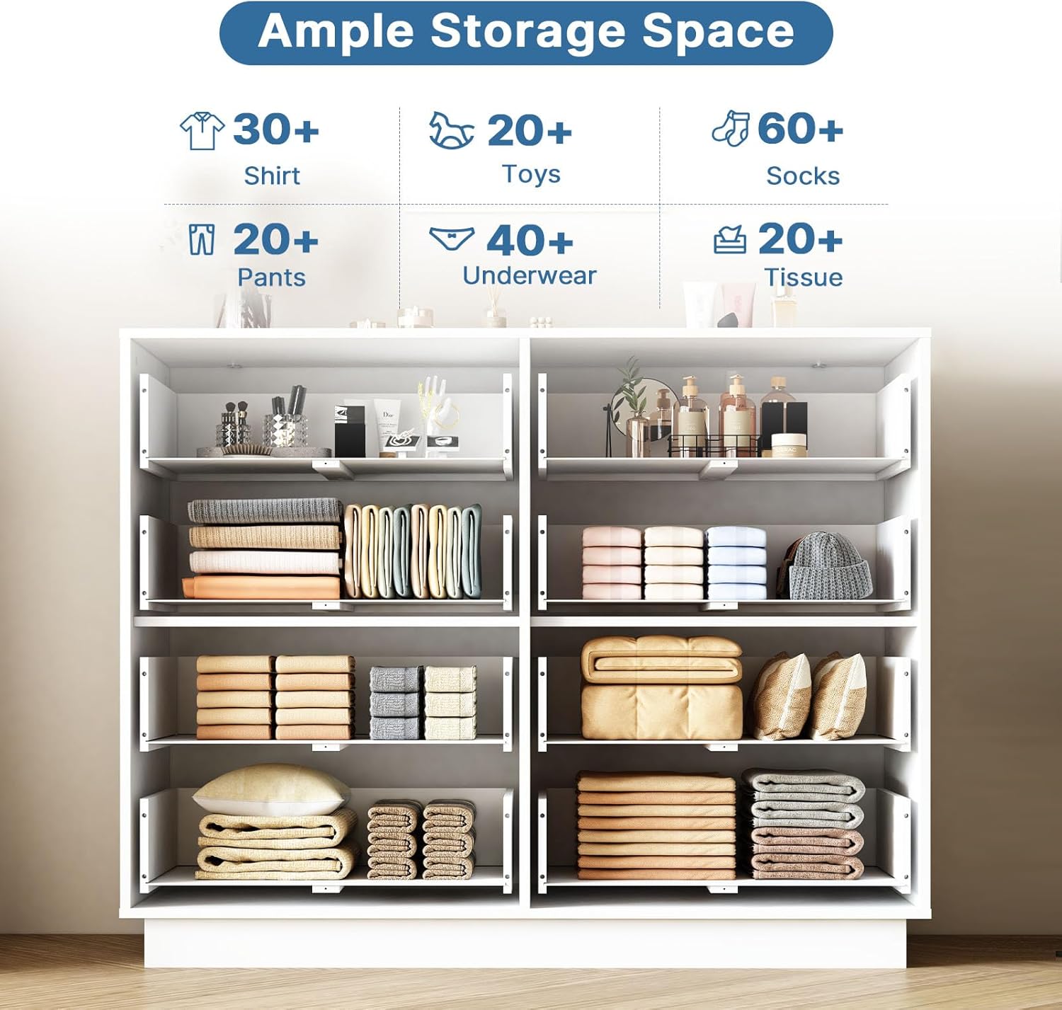 8 Drawers Dresser Storage Cabinet, 47'' Modern Chest of Drawers with Hollow Handles Design, TV Console Stand Organizer with Slide Drawer for Bedroom, Living Room, Hallway, Entryway (White)