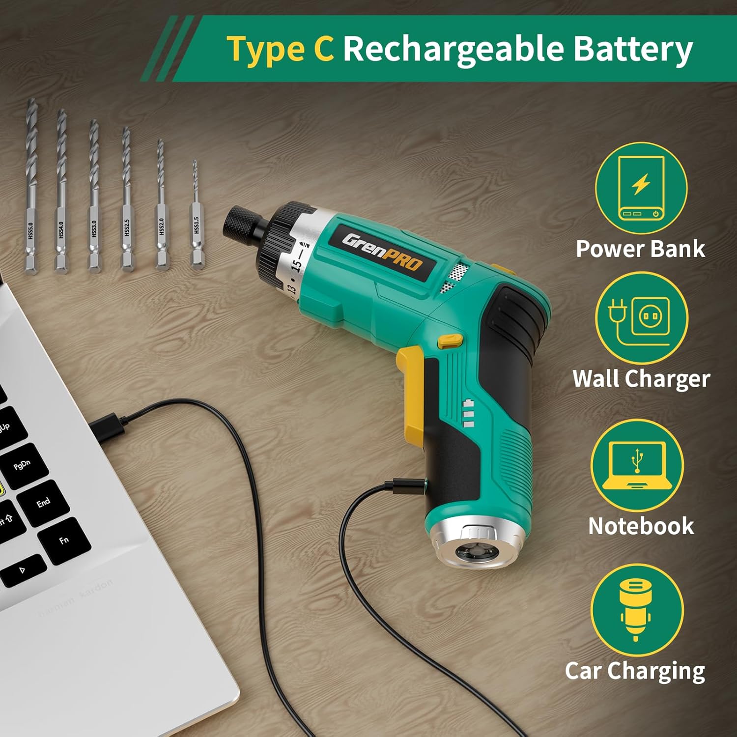 GRENPRO 3.6V Cordless Electric Screwdriver, 2-Position Handle, 15+1 Torque 5Nm, LED Light, 44pcs Kit, Rechargeable Power Screwdriver Set for Home DIY Repair