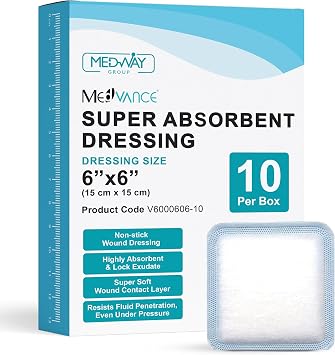 MedVance Super Absorbent Dressing, Non-Adhesive Pads for Wound Care, for Pressure Ulcers & 1st/2nd Degree Burns, Superior Moisture Absorption, Box of 10 dressings 6"x6" Bandage, 5"x5" Pad