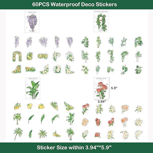 Miniatura 4 de Maxleaf - 60 calcomanías impermeables transparentes  Maxleaf colección de plantas vintage y flores, calcomanías impermeables de gran tamaño para