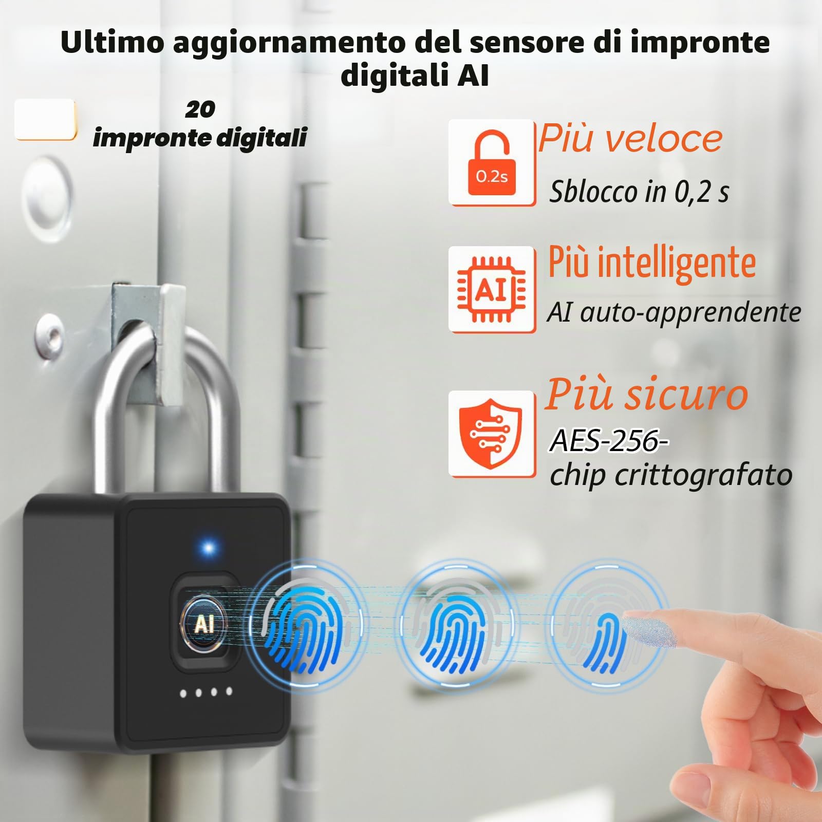 Anweller Lucchetto a combinazione con impronte digitali, impronte digitali, serratura smart biometria, lucchetto resistente alle intemperie, per cancello da giardino, armadietto, palestra, armadietto
