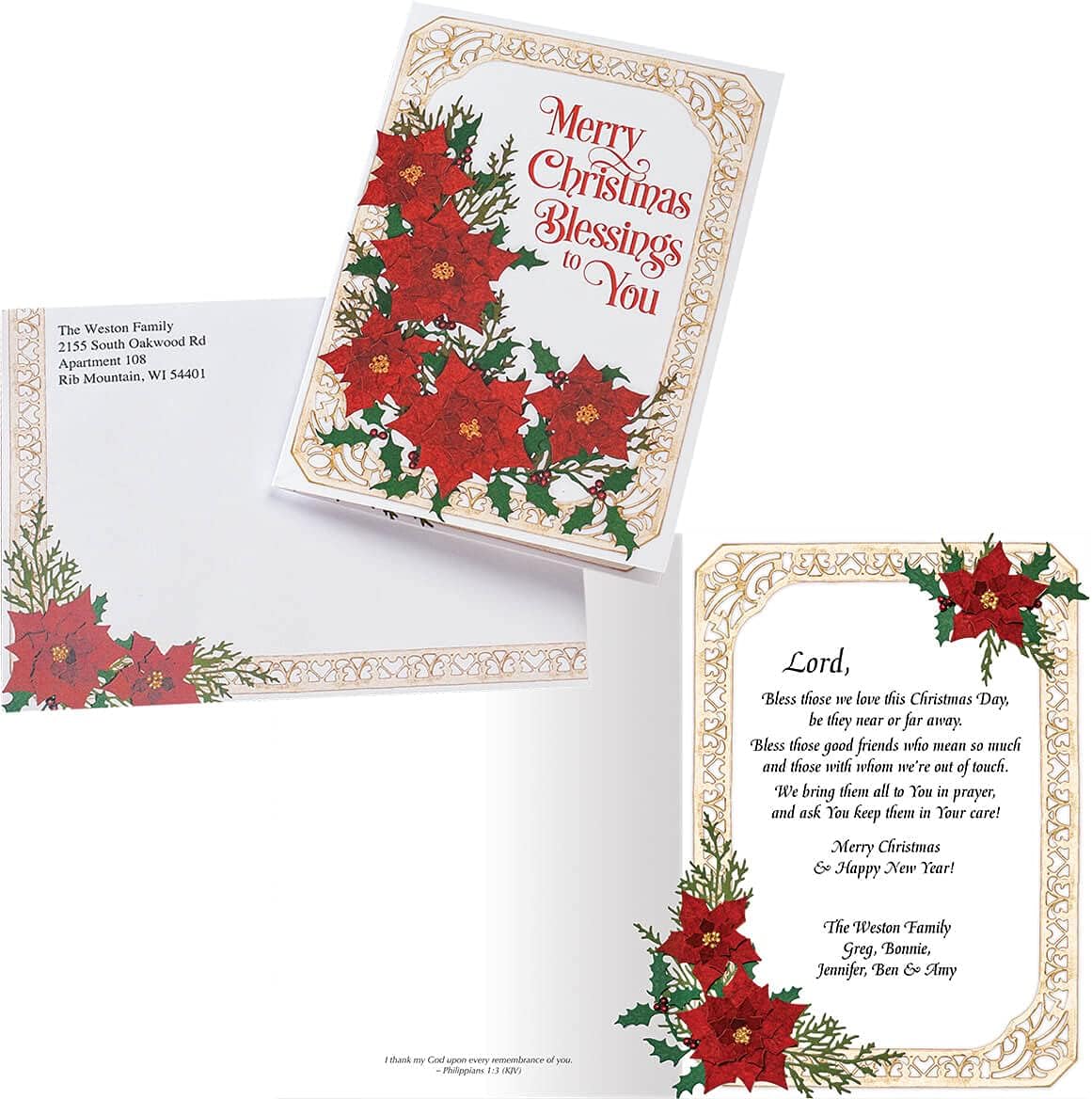 Fox Valley Traders Custom Poinsettia Collage Christmas Card Set of 20, Card & Front of Envelope Personalization w/Design