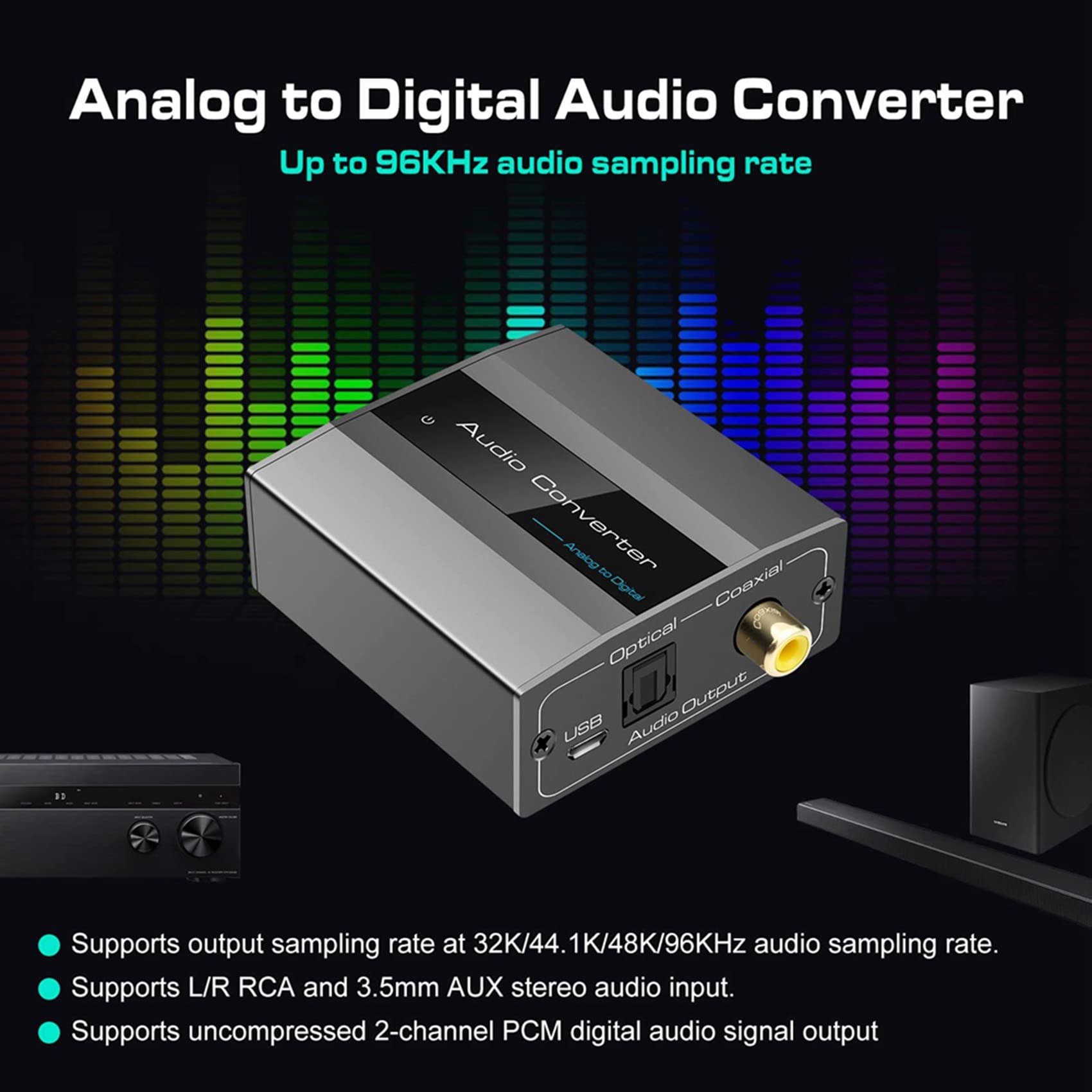 6X Convertidor de Audio AnalóGico una Digital una ÓPtico con Cable ÓPtico Audio Digital Toslink y Adaptador de Audio Coaxial