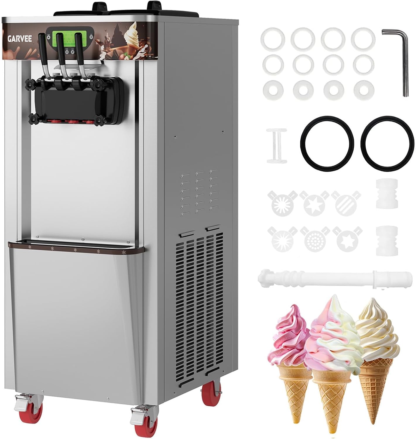 Garvee Commercial Soft Ice Cream Machine, 2+1 Flavor 2600W Vertical Ice Cream Maker Commercial with Self-Cleaning, Easy Operate, 11.0-12.2 gal/h High Productivity for Home Snack Bar, 220V