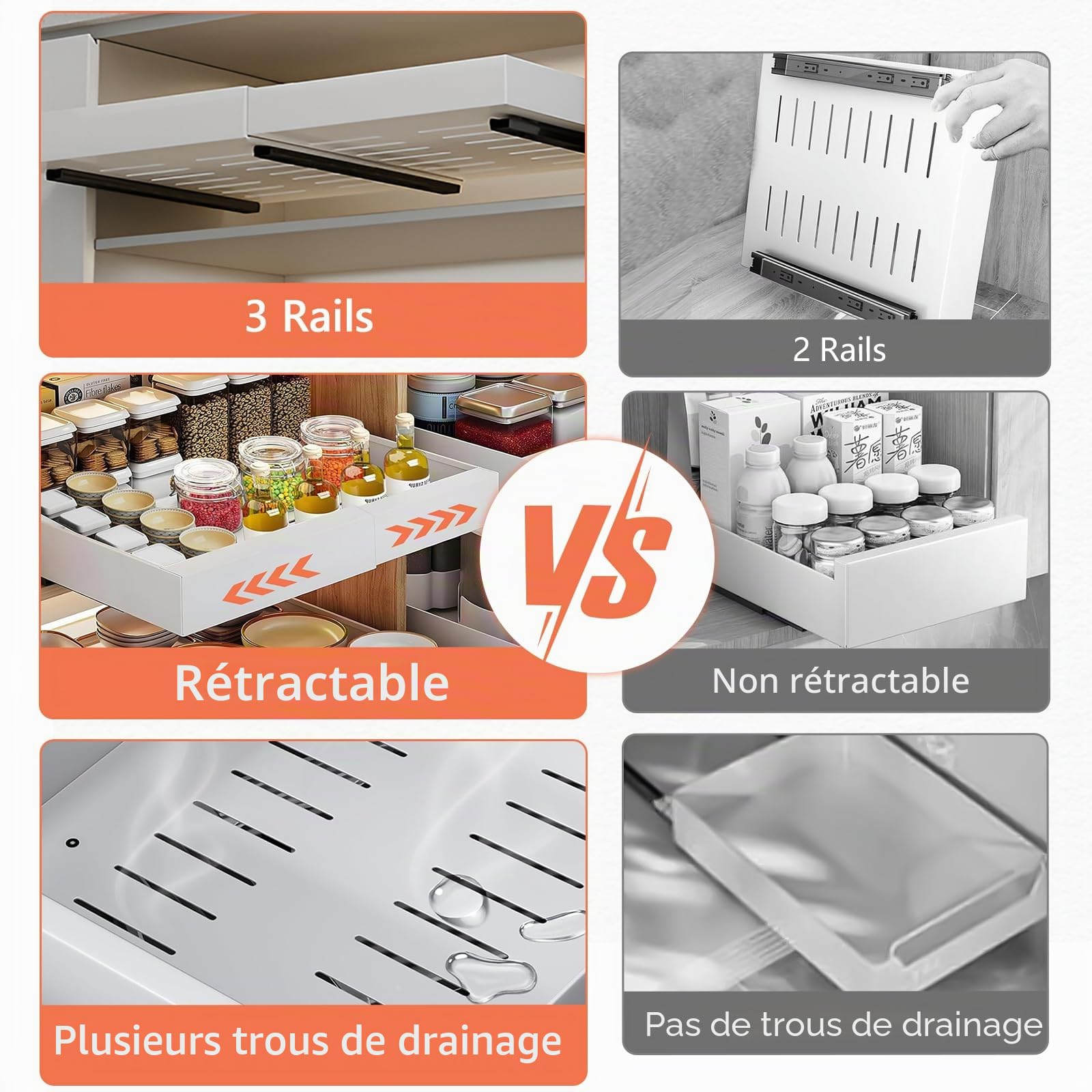 2pcs Tiroir Coulissant Cuisine, Organisateur d'armoire coulissant, tiroirs coulissants extensibles et de rangement, Tiroir Coulissant Cuisine Adhesif, avec garde-corps élevé (32 cm à 52 cm)