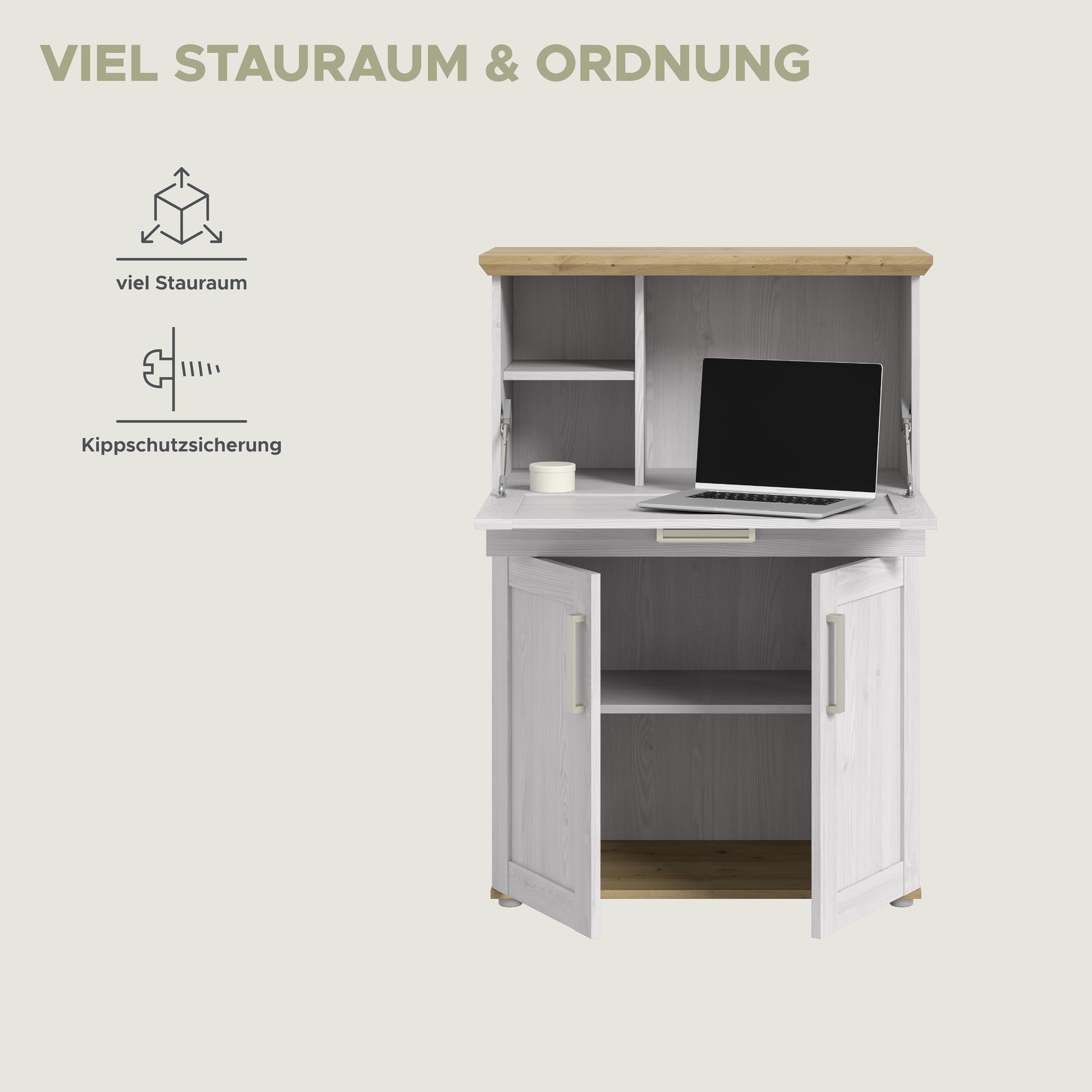 xonox.home – Sekretär Verona 84x122x42 cm in Sibiu Lärche & Artisan Eiche Nachbildung – Kompakter Arbeitsplatz mit 1 Klappe & 2 Türen – 5 Fächer bieten idealen Stauraum für Schreibutensilien & Post