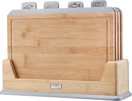 Cooks Professional Set of 4 Index Chopping Boards | Bamboo Chopping Boards with Stand | Wooden Food Preparation Cutting Blocks with Tabs for Fruit & Vegetables, Meat, Fish & Bread | Grey