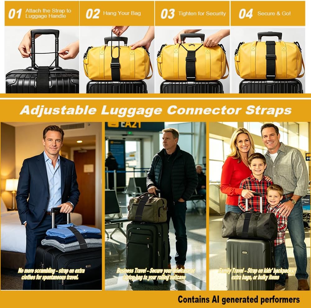 3PCS Adjustable Luggage Connector Straps for Suitcases, Flexible Multi-Use Strong Elastic Belt to Add a Bag, Travel Luggage Accessories for Securing Carry-On, Black image 4