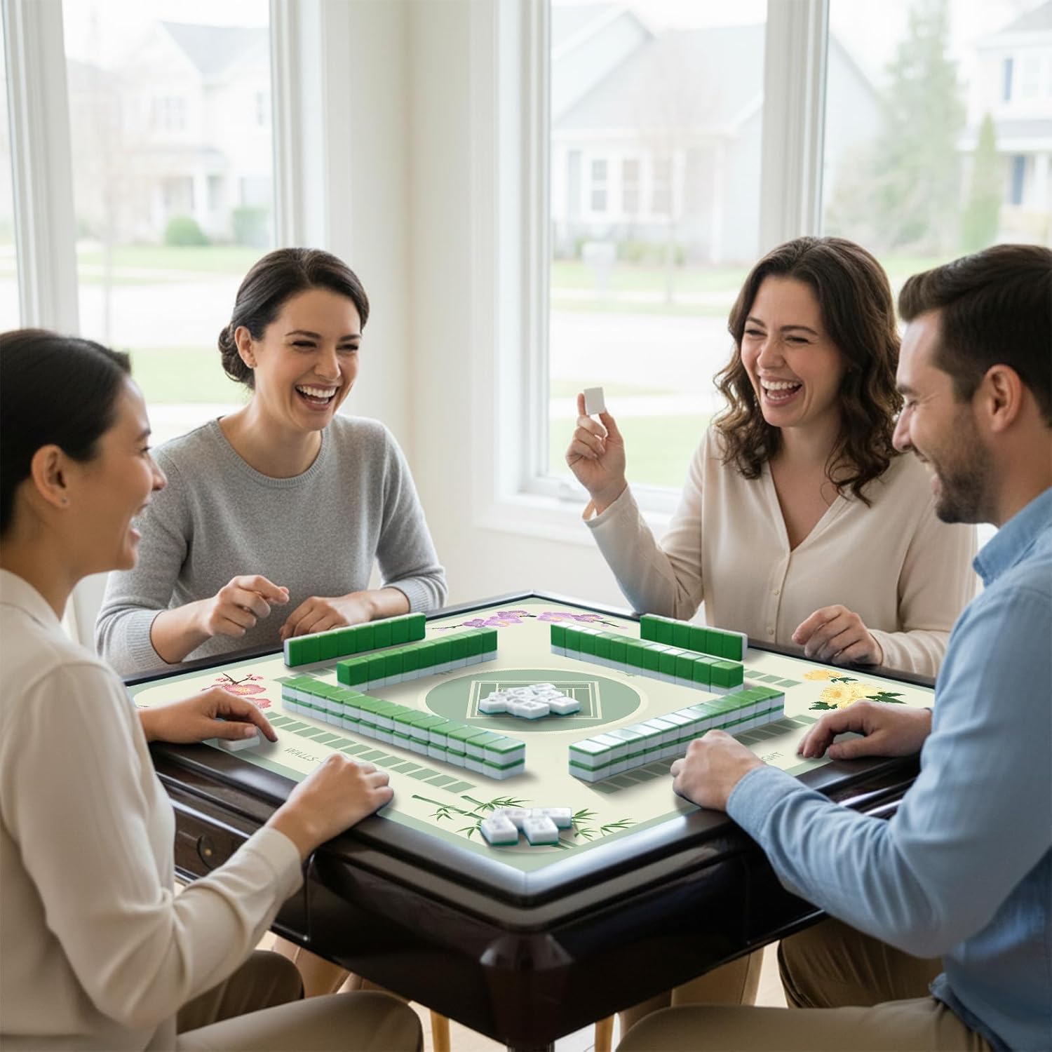 Zen Floral Mahjong Mat 32.4x32.4 Inch - Light Green American Mahjong Table Mat with Cherry Blossom Bamboo Chrysanthemum Artwork, Anti-Slip Rubber Waterproof Foldable Gaming Pad
