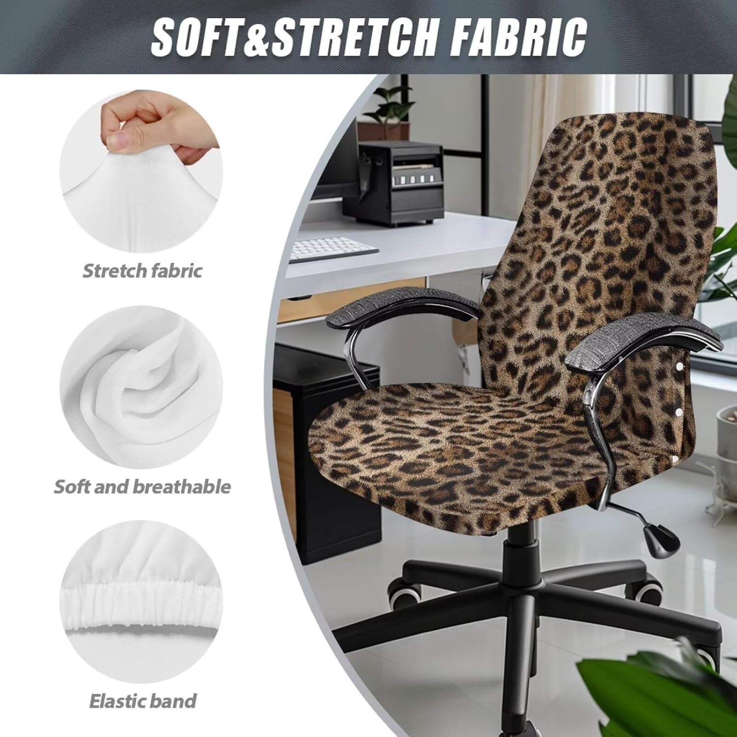 Retro Leopard Print Office Chair Cover Stretchable Computer Chair Covers Anti-Dust High Back Chair Slipcover for Swivel Boss Chair Home Decoration, Large