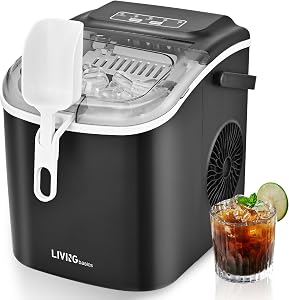 LIVINGbasics Countertop Ice Maker,Self-Cleaning,9 Cubes in 6-12 Mins | 26lbs/Day. Whisper-quiet 45dB. Compact 9.5x11.5x11 in. Fits home, office, RV. Includes ice scoop and basket.