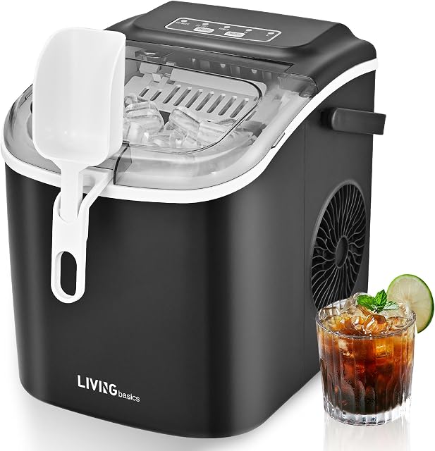 LIVINGbasics Countertop Ice Maker,Self-Cleaning,9 Cubes in 6-12 Mins | 26lbs/Day. Whisper-quiet 45dB. Compact 9.5x11.5x11 in. Fits home, office, RV. Includes ice scoop and basket.